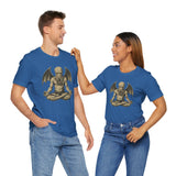 Unisex royal blue graphic t-shirts, meditating monster front prints on two models