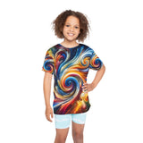 Kids' swirl rainbow art tee with all-over colorful vortex pattern, crew neck, short sleeves