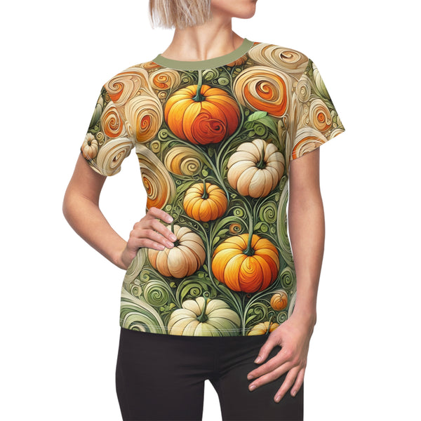 Women’s crew-neck t-shirt with pumpkin swirl all-over print on short sleeves, green/orange.