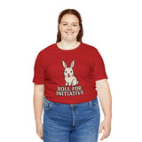 Red t-shirt with centered bunny illustration and “Roll for Initiative” lettering