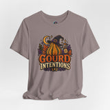 Mauve crew-neck t-shirt with colorful 'Gourd Intentions' pumpkin witch graphic