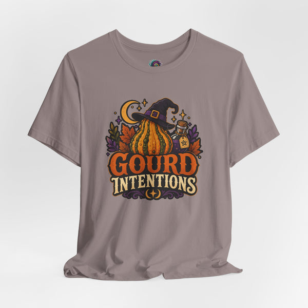 Mauve crew-neck t-shirt with colorful 'Gourd Intentions' pumpkin witch graphic