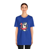 Blue crewneck t-shirt with shark and flamingo float graphic in the center