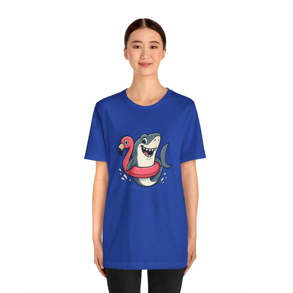 Blue crewneck t-shirt with shark and flamingo float graphic in the center
