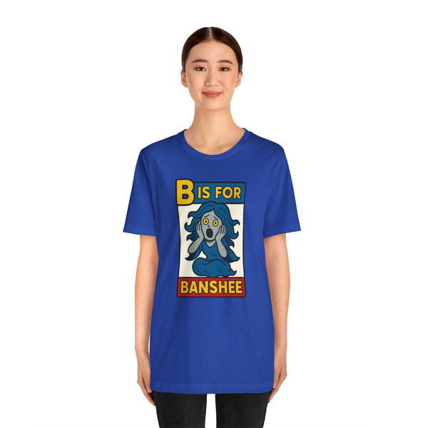 Royal blue crew-neck T-shirt with "B is for Banshee" front graphic print