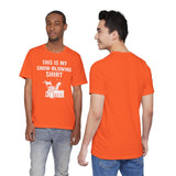 Orange crew-neck t-shirt front and back view with snow-blowing graphic