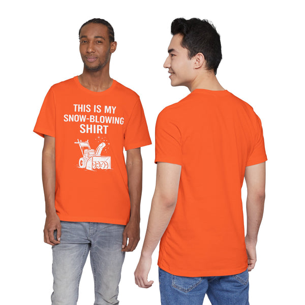 Orange crew-neck t-shirt front and back view with snow-blowing graphic