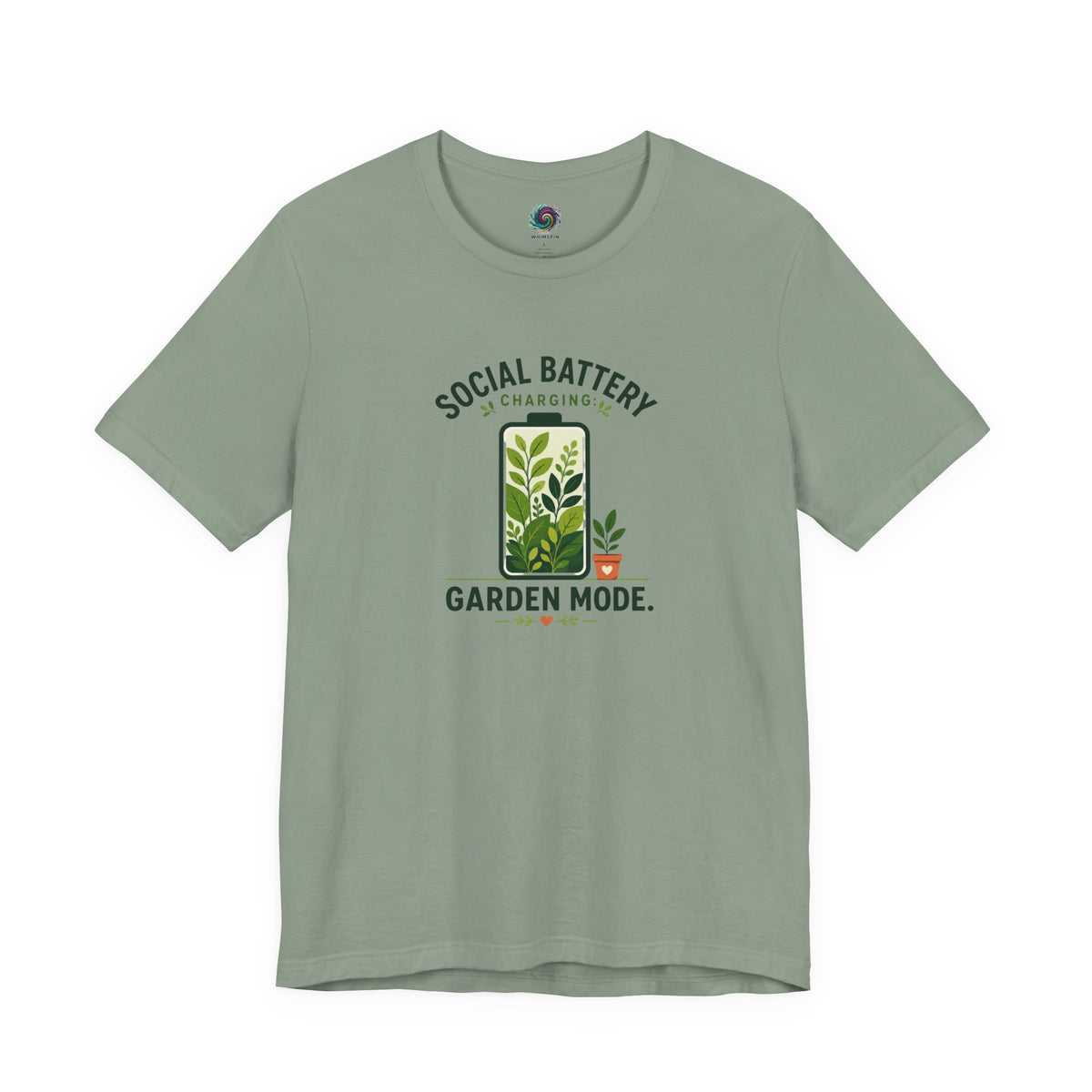 Heather green T-shirt with 'Social Battery Charging' and 'Garden Mode' plant graphic