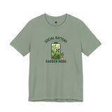 Heather green T-shirt with 'Social Battery Charging' and 'Garden Mode' plant graphic