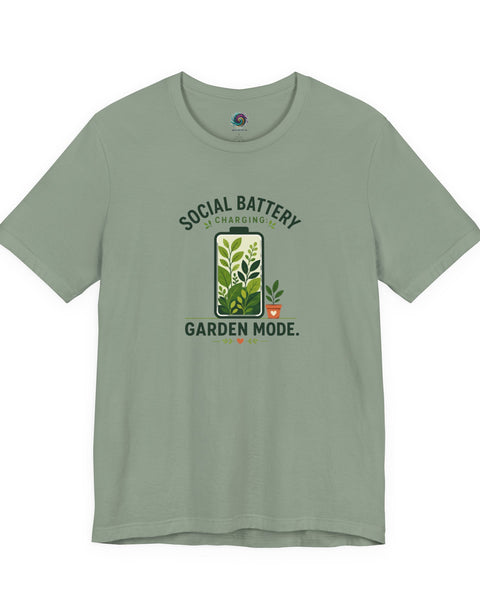 Heather green T-shirt with 'Social Battery Charging' and 'Garden Mode' plant graphic