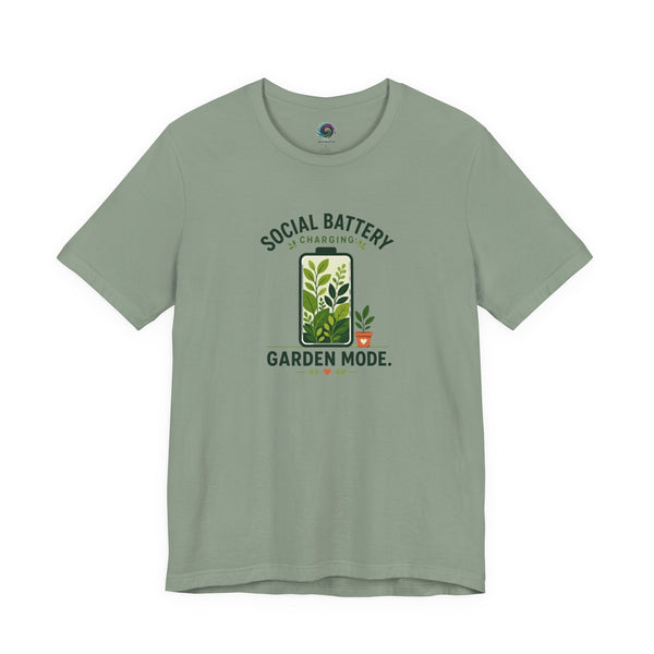 Heather green T-shirt with 'Social Battery Charging' and 'Garden Mode' plant graphic