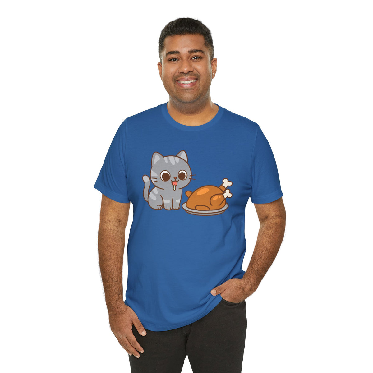 Blue crew neck t-shirt with cute cat and turkey graphic on front