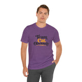 Purple crew neck T-shirt with centered 'Team Cat, Obviously' slogan print.