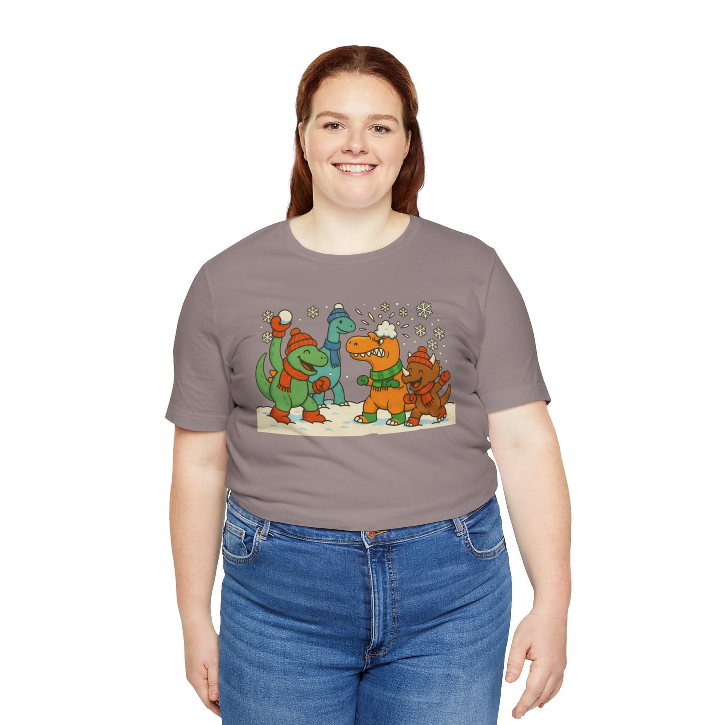 Dinosaur Snowball Fight T-Shirt – Funny Winter Dino Graphic Tee