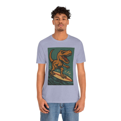Surfing T-Rex T-Shirt – Funny Dinosaur Graphic Tee for Summer Vibes - WhimSpin - https://whimspin.com