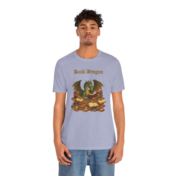 Lavender crew-neck T-shirt with Book Dragon graphic centered on the chest