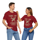 Two maroon crew-neck T-shirts with matching DIY tools print and “I Came I Saw I Fixed It (Eventually)”