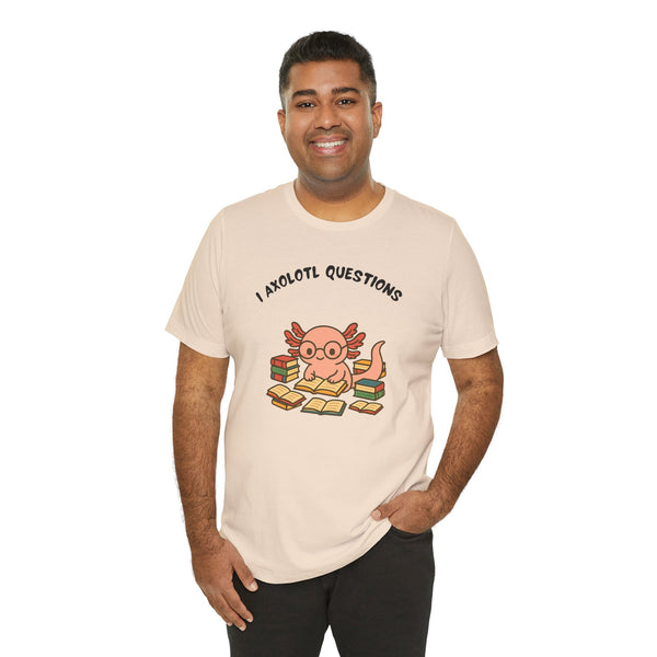 Cream short-sleeve crew t-shirt with axolotl reading books graphic and “Axolotl Questions”