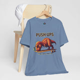 Blue crew-neck T-shirt with 'PUSH-UPS' T-Rex graphic on front