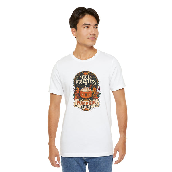White crew-neck T-shirt with central “High Priestess of Pumpkin Spice” logo print