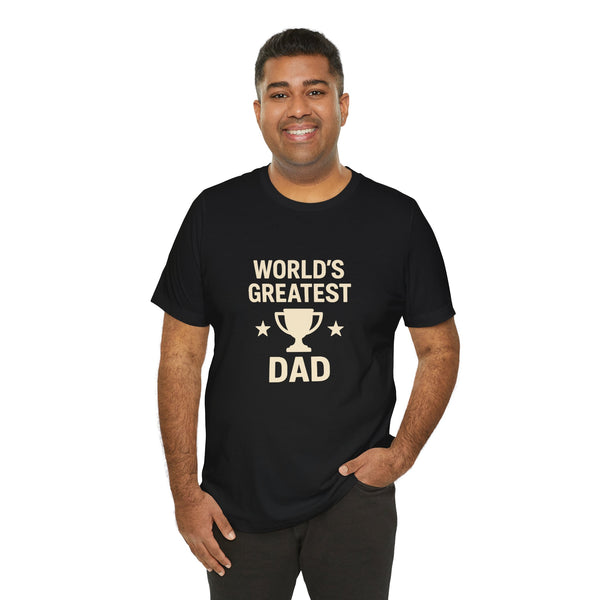 Black crew-neck T-shirt showing “World’s Greatest Dad” trophy graphic on chest
