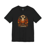 Black T-shirt with front circular pumpkin spice cauldron graphic text 