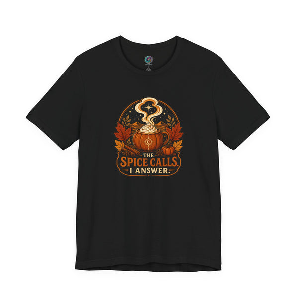 Black T-shirt with front circular pumpkin spice cauldron graphic text "I ANSWER".