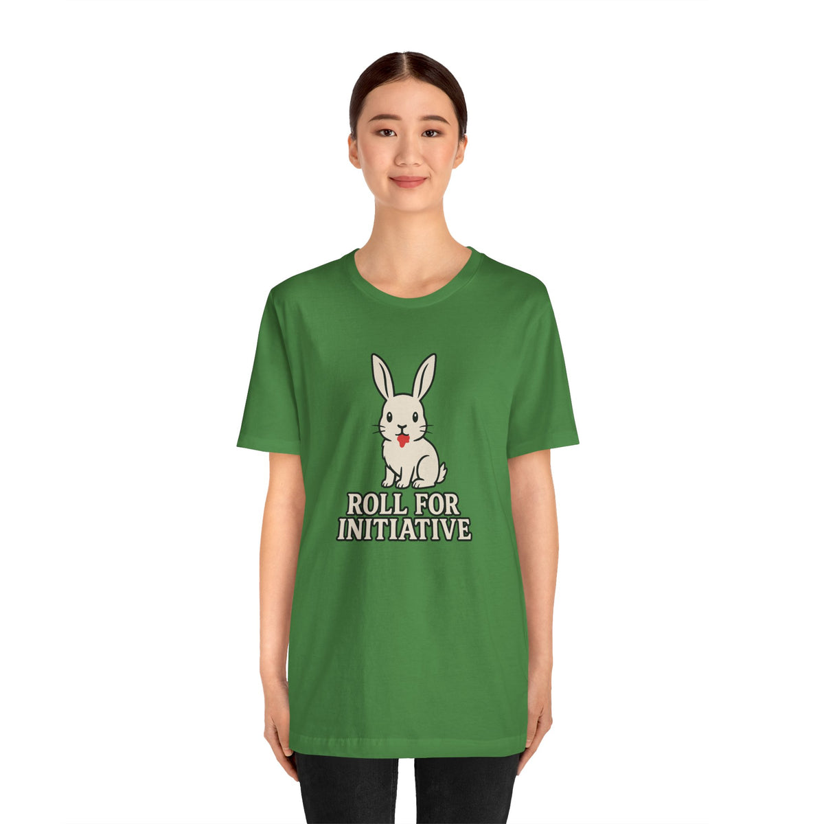 Green crewneck t-shirt with central bunny illustration and 'Roll for Initiative' text