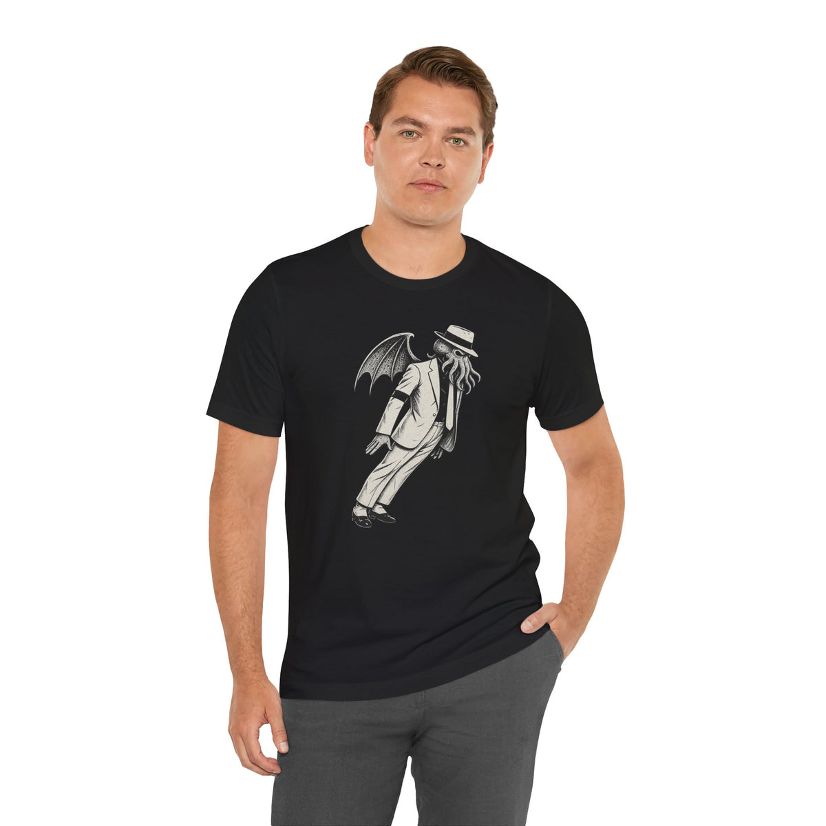 Black crewneck T-shirt with white printed graphic of cloaked figure