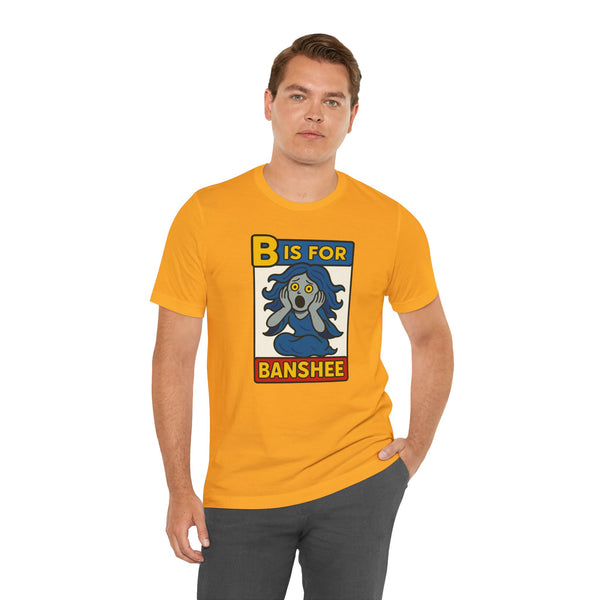 Orange crewneck T-shirt with “B is for Banshee” illustrated front graphic