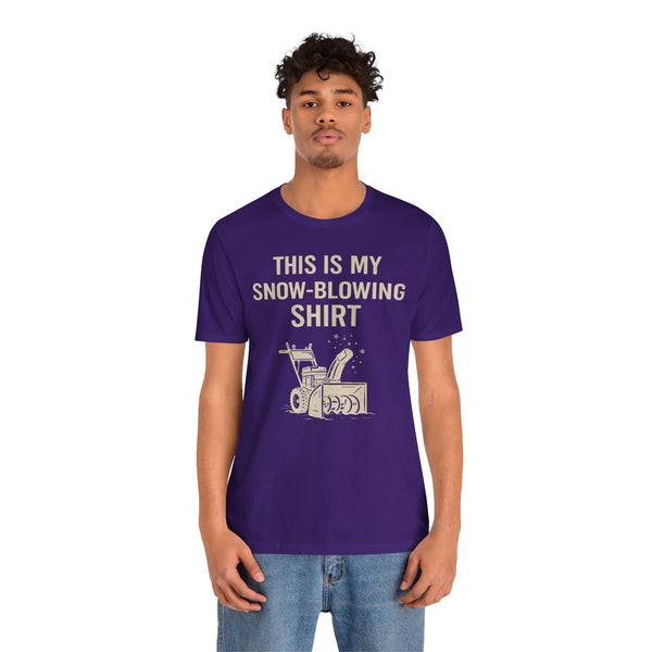 Purple graphic short-sleeve T-shirt with snow blower illustration and “THIS IS MY SNOW-BLOWING SHIRT”