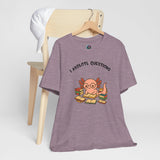 Purple heather t-shirt with axolotl reading books graphic and 