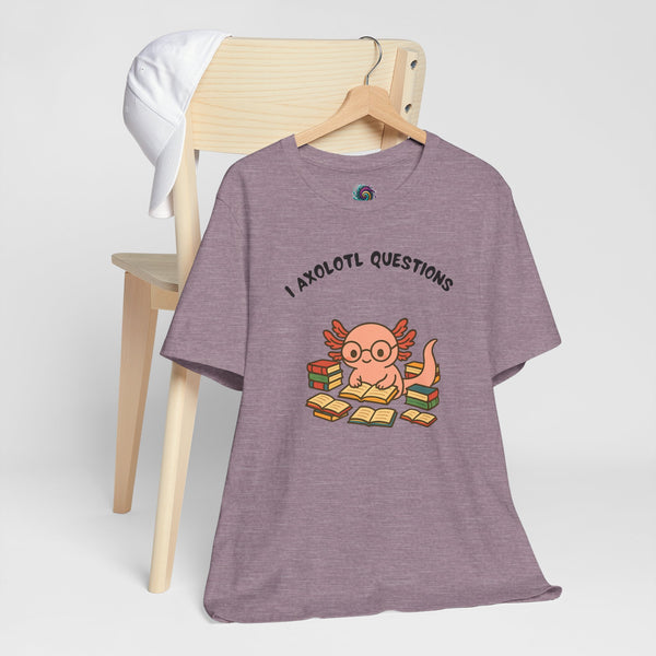 Purple heather t-shirt with axolotl reading books graphic and "Axolotl Questions" text