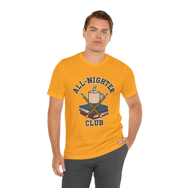 Orange crewneck T-shirt with All-Nighter Club coffee graphic