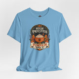 Light blue crew-neck T-shirt with High Priestess pumpkin spice front graphic