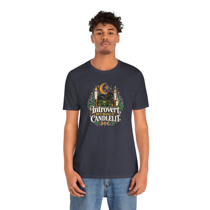 Introvert But Make It Candlelit T-shirt - Witchy Bookish Cat Tee