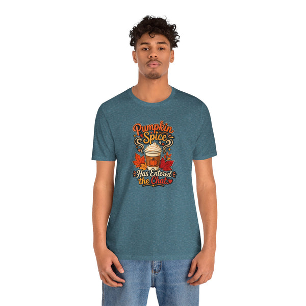 Heather teal crew-neck T-shirt with pumpkin coffee graphic and autumn leaf details, front view