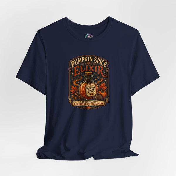 Navy short-sleeve T-shirt with pumpkin spice elixir graphic on front
