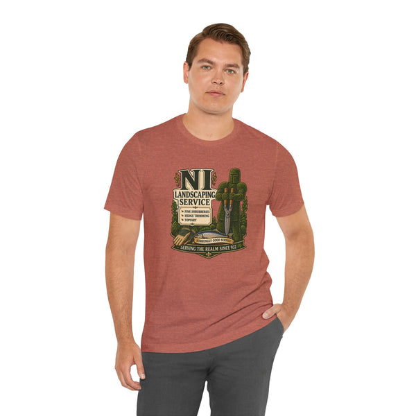 Rust crewneck graphic T-shirt with "NI Landscaping Service" emblem and shrubbery print