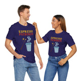 Navy graphic t-shirt with “ESPRESSO PATRONUM” and coffee-magic illustration on front