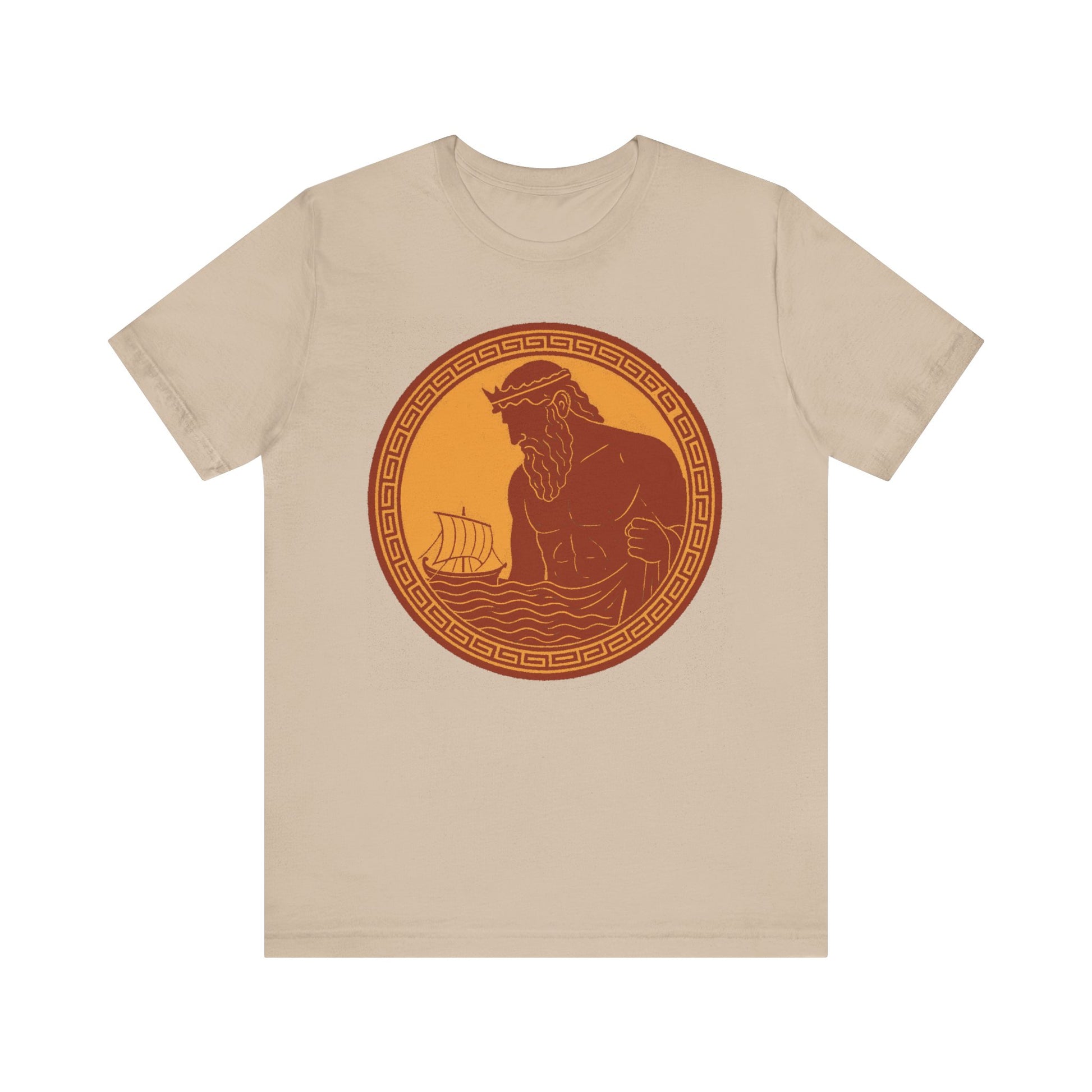 Sand Poseidon Epic T shirt from WhimSpin. This shirt features an ancient greek amphora style image of Poseidon raising from the sea and looming over a boat on the waves. Image is in terracotta cotta red and golden yellow. 