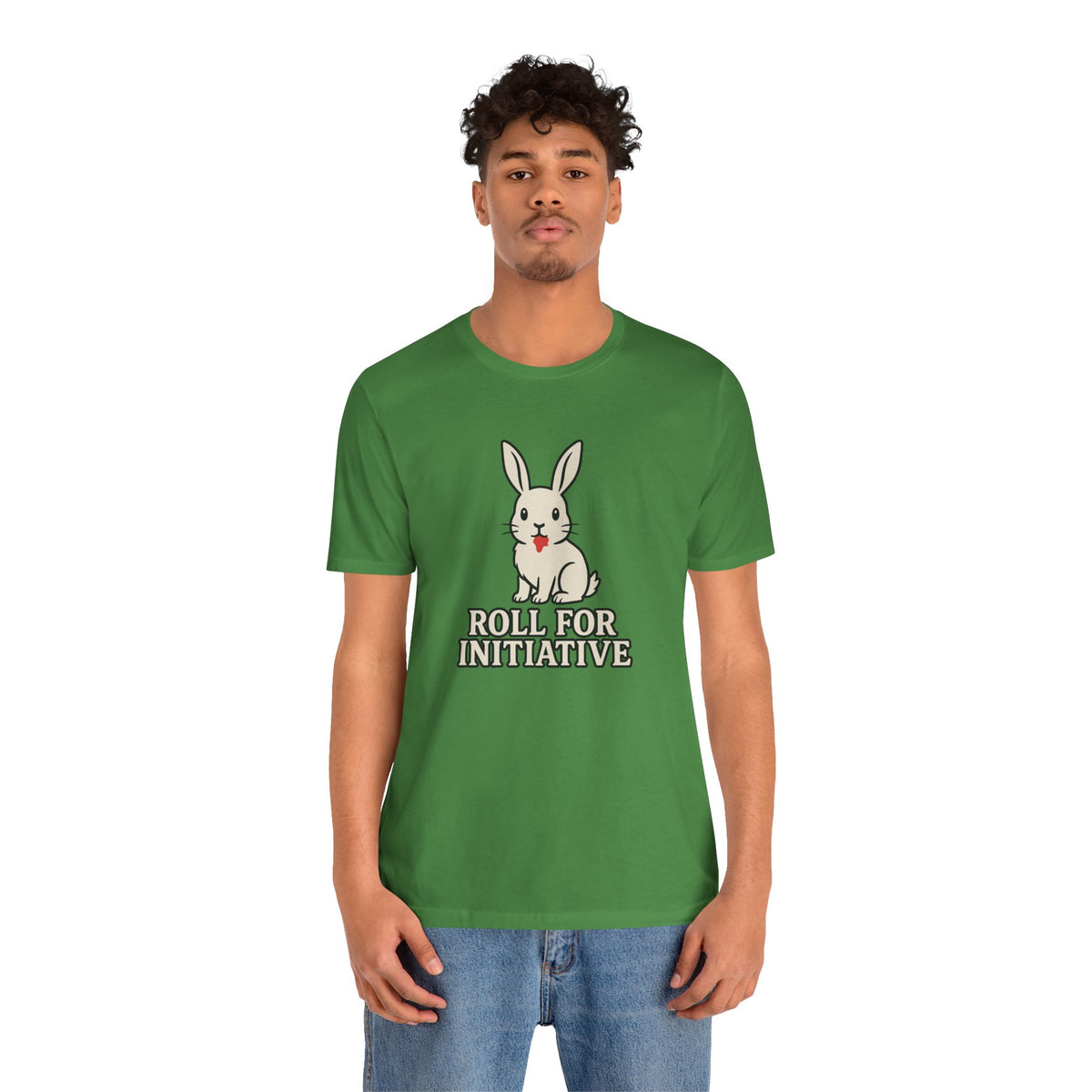 Green crewneck t-shirt with bunny graphic and 'Roll for Initiative' print