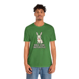 Green crewneck t-shirt with bunny graphic and 'Roll for Initiative' print