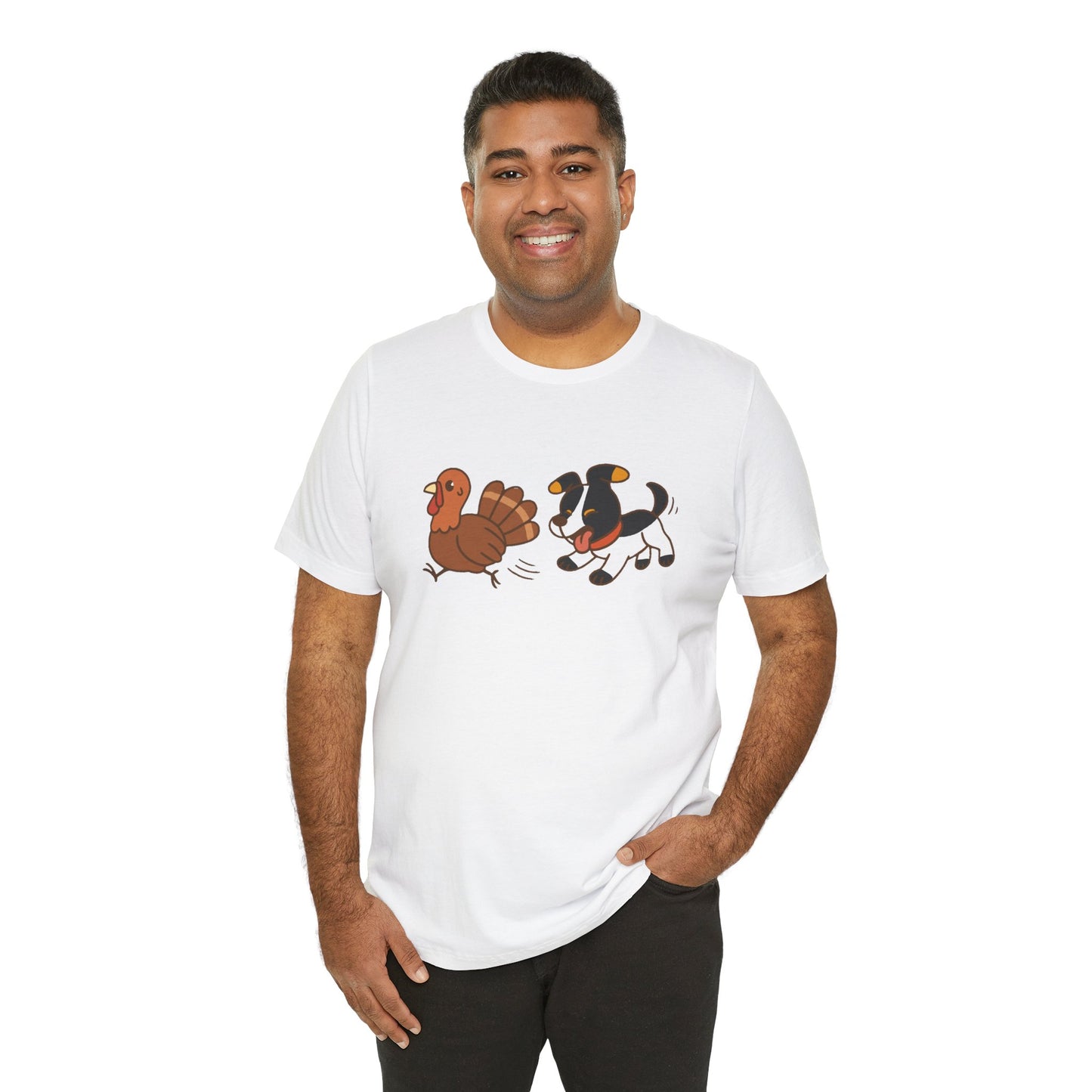 Dog Chasing Turkey T-Shirt – Funny Thanksgiving Dog Tee