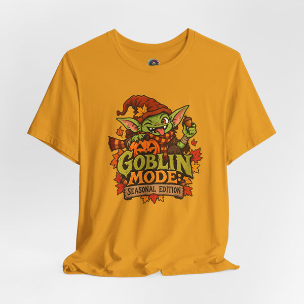 Golden orange crew-neck T-shirt with colorful "Goblin Mode" seasonal graphic