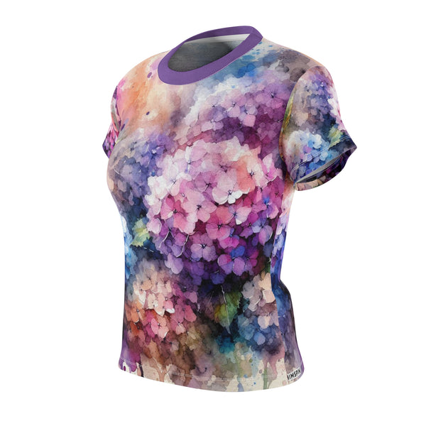 Women's watercolor hydrangea t-shirt from side/back view with purple crew neck, short sleeves