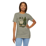Heather grey crew-neck T-shirt with front graphic print on a female model, short sleeves