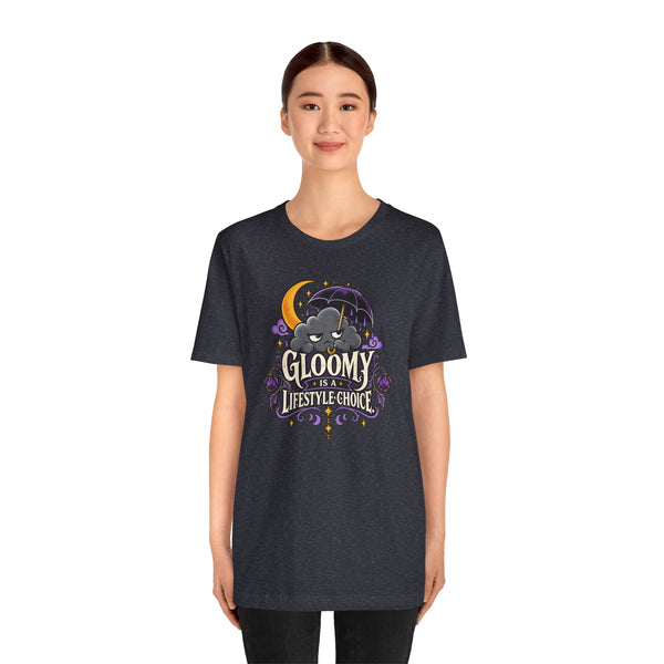Dark heather crew-neck t-shirt with front graphic print, short sleeves