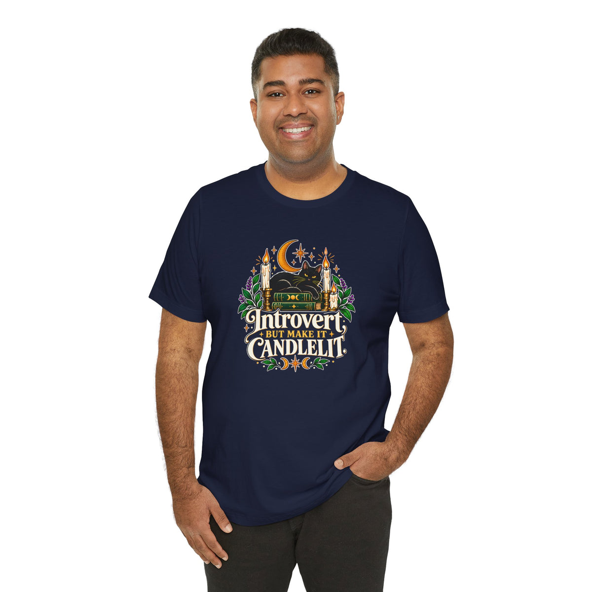Introvert But Make It Candlelit T-shirt - Witchy Bookish Cat Tee