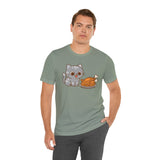 Men's olive green crew-neck t-shirt with cute cat and turkey graphic on front